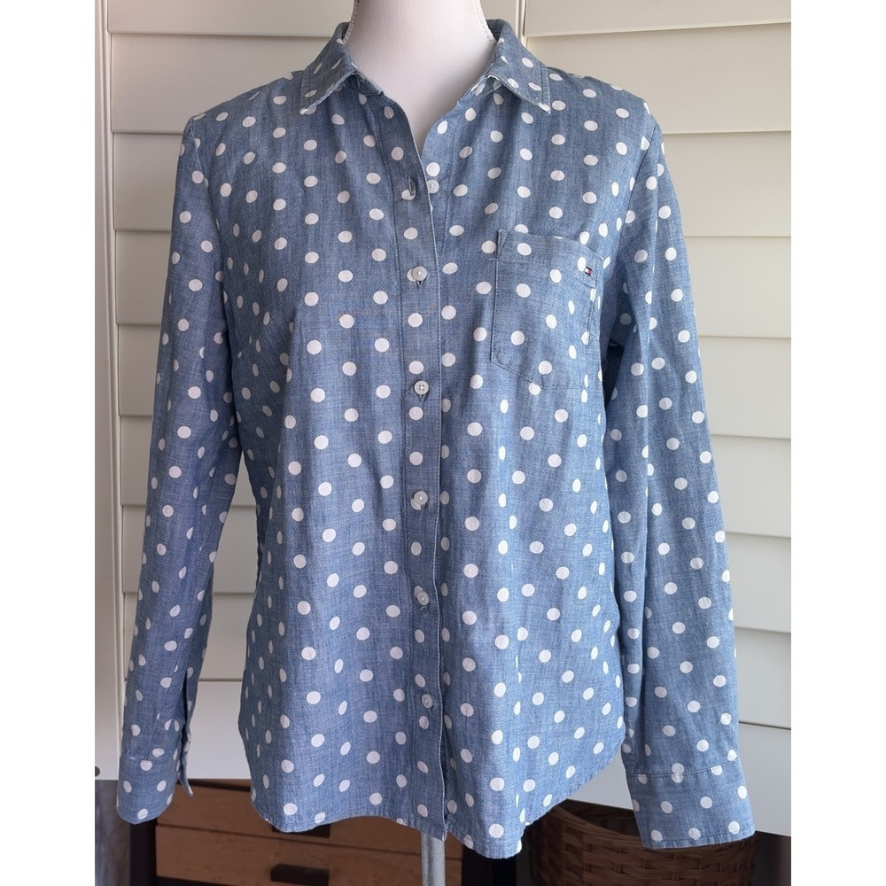 Tommy Hilfiger Women M Blue Cotton Polka Dot Roll-Tab Utility Shirt Button Up